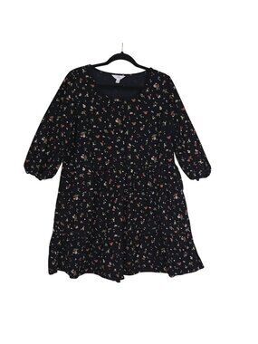 Black Floral Tiered Midi Dress L 100% Cotton Corduroy Pockets Time And Tru